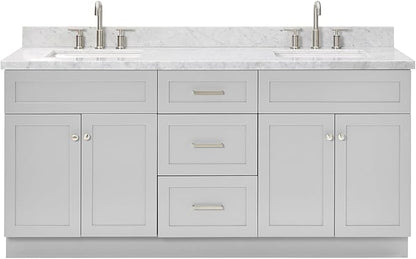 ARIEL Hamlet 72-inch Bathroom Vanity with Sink,Solid Wood, 1.5-inch Italian Carrara Marble Countertop & Backsplash, Double Rectangular Porcelain Sink, 4 Soft Closing Doors, 3 Dovetail Drawers, Grey
