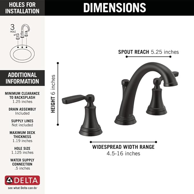 Delta Woodhurst Matte Black Bathroom Faucet 3 Hole, 8 Inch Widespread Bathroom Sink Faucet for Vanity, Metal Push-Pop Drain Assembly, Matte Black 3532LF-BLMPU