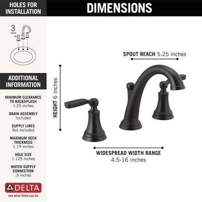 Delta Woodhurst Matte Black Bathroom Faucet 3 Hole, 8 Inch Widespread Bathroom Sink Faucet for Vanity, Metal Push-Pop Drain Assembly, Matte Black 3532LF-BLMPU