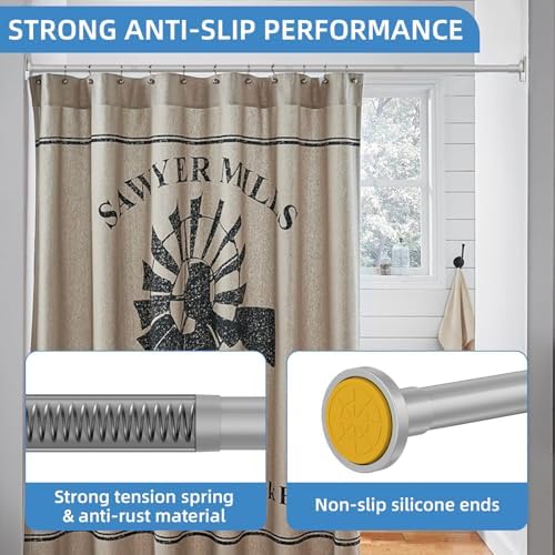 CorkLatta Matte Silver Shower Curtain Rod,1 Inch Diameter Stainless Steel Adjustable Spring Tension Rods 32 to 92",with Holders,Anti-Slip,Curtain Rods No Drilling(1 Pack)