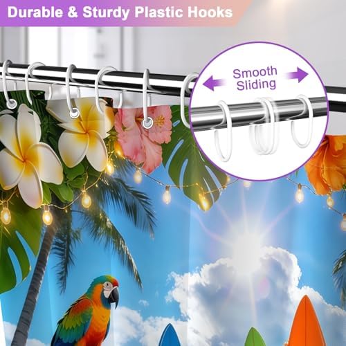 Summer Hawaiian Waterproof Shower Curtain with Hooks, Tropical Hawaiian Beach Shower Curtain with Weighted Bottom & Metal Grommets, Machine Washable Coastal Shower Curtains for Bathroom, 72"W x 72"L