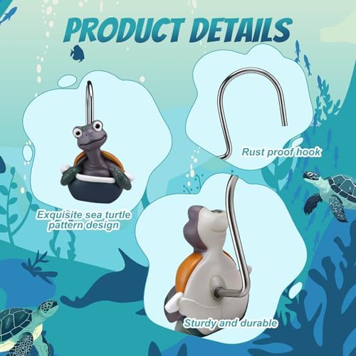 Amyhill 12 Pcs Turtle Shower Curtain Hooks Decorative Funny Turtle Shower Curtain Rings Stainless Steel Resin Sea Theme Bathroom Decor Suitable for Home Bedroom