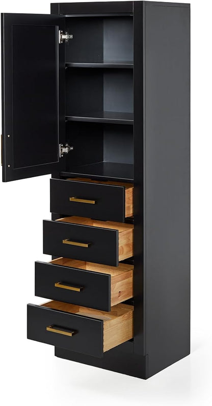 ARIEL Hepburn Bathroom Storage Cabinet - Solid Hevea Wood and Fully Assembled for Long-Lasting Durability and Sophisticated Finish, Freestanding Linen Bathroom Cabinet - 65”H x 20”W x 16”D, Black