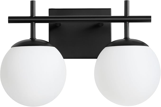 AIJIASI Black Bathroom Light Fixture Over Mirror, 2-Lights Vanity Lights with Milky White Frosted Glass Shade Mid Century Farmhouse Light Fixtures for Bathroom Above Mirror (Exclude E26 Bulb)