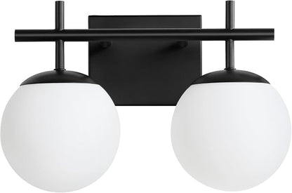 AIJIASI Black Bathroom Light Fixture Over Mirror, 2-Lights Vanity Lights with Milky White Frosted Glass Shade Mid Century Farmhouse Light Fixtures for Bathroom Above Mirror (Exclude E26 Bulb)