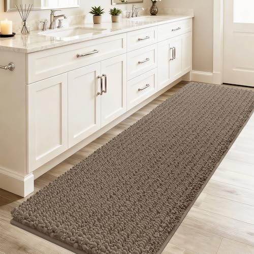 ACCUMTEK Upgrade Luxury Dark Beige Bathroom Rug Mat 48"x17", Ultra Soft Thick Absorbent Bath Mats, Non Slip Chenille Toilet Mat for Bathroom, Bedroom, Kitchen, Shower, Tub, Taupe