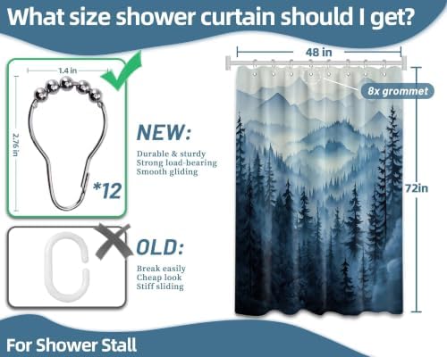 Navy Blue Forest Stall Shower Curtain, 48X72 in Narrow Small, Mountain