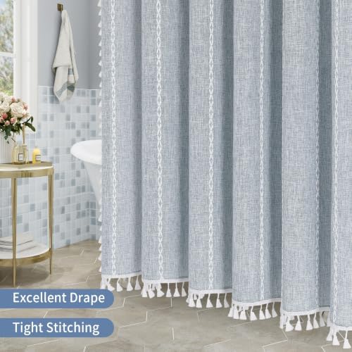 MitoVilla Blue Boho Fabric Shower Curtain, Modern Farmhouse Polyester Linen Shower Curtains for Vintage Rustic Bathroom Decor, Country Tassel Thick Cloth Shower Curtain, 72 x 72 (Pack of 2)