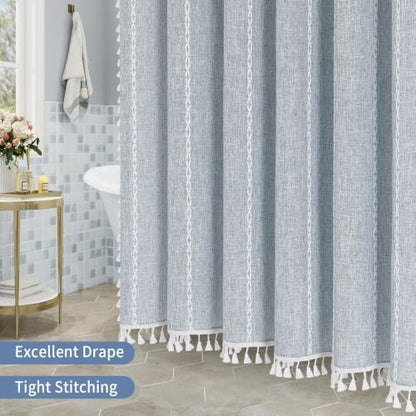 MitoVilla Blue Boho Fabric Shower Curtain, Modern Farmhouse Polyester Linen Shower Curtains for Vintage Rustic Bathroom Decor, Country Tassel Thick Cloth Shower Curtain, 72 x 72 (Pack of 2)