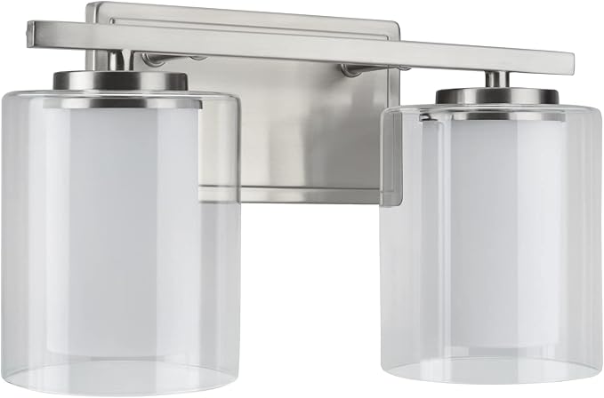 Aspen Creative 62102A, Two-Light Metal Bathroom Vanity Wall Light Fixture, 13 1/2" Wide, Transitional Design in Satin Nickel with Clear Glass Shade