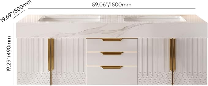 Bathroom Vanity with Sink, Modern Bathroom Vanity with Faux Marble Top, Gold Hardware & Soft-Close Drawers for Bathroom Storage (59.1 Inch, White, Double Sink & Floating)