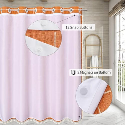 MitoVilla No Hooks Needed Orange Boho Shower Curtain with Snap-in Liner, Farmhouse Cotton Linen Fabric Shower Curtains with Tassels for Rustic Neutral Bathroom Decor, Burnt Orange, 72 x 74