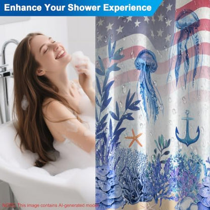 Machine Washable Underwater Jellyfish Ocean Shower Curtain with 12 Hooks