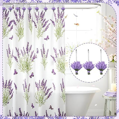 Amyhill 12 Pcs Lavender Shower Curtain Hooks Purple Floral Decorative Hooks Rings Bulk Cute Hanger Stainless Steel Resin Spring Flower Themed Shower Hook for Bathroom Bedroom Home Living Room Decor