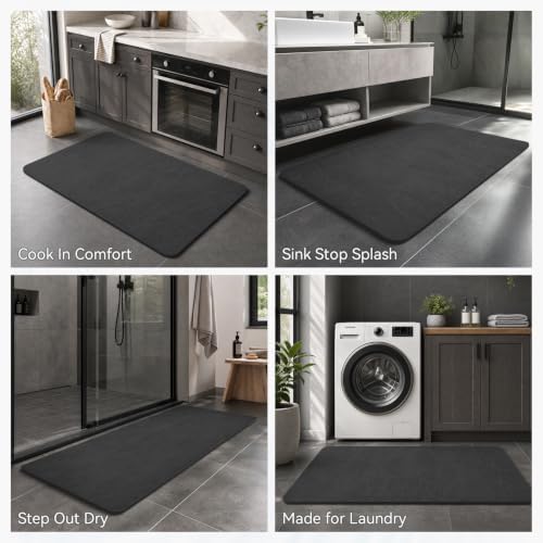 MontVoo -Bath Mat Rug-Rubber Backing Non Slip Quick Dry Absorbent Thin Bathroom Rugs Fit Under Door-Faux Suede Surface Bathroom Floor Mats-Shower Rug for in Front of Bathtub Shower Dark Grey 17"x27.5"
