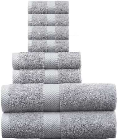 BY LORA 8-Pc Cotton Towel Set, Quick Dry Hotel Bath Hand Washcloths, Grey