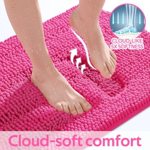ACCUMTEK Christmas Striped Hot Pink Bathroom Rug Set 3 Pieces Ultra Soft, Non Slip Chenille Toilet Mat, Absorbent Plush Shaggy Bath Mats for Bathroom, Bedroom, Kitchen, Peach