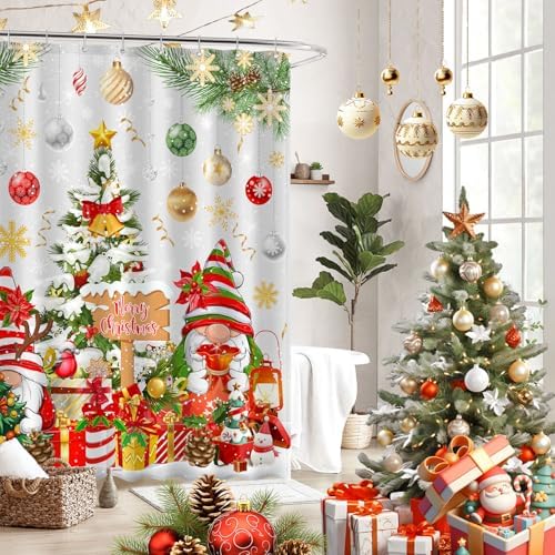 Boho Shower Curtains for Bathroom Mid Century Minimalist Abstract Aesthetic Modern Bathroom Decor Curtain Machine Washable Waterproof Fabric with 12 Hooks (Christmas Gnome White, 72"W x 72"L)