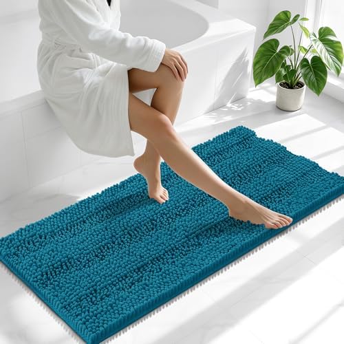 Smiry Thick Chenille Bathroom Runner Rugs 47x24, Bath Mat, Peacock Blue