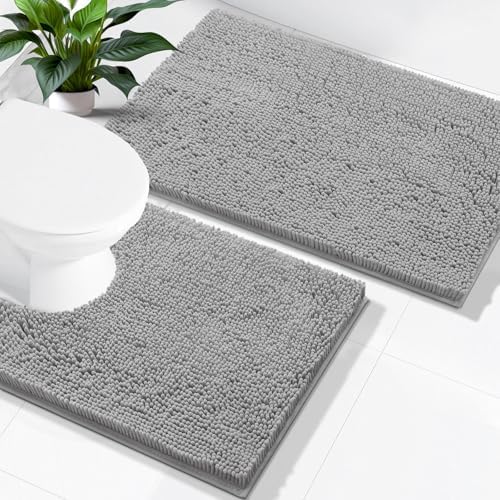 Smiry Bathroom Rugs Sets 2 Piece (24x16+ U Shape 24x20, Light Grey)