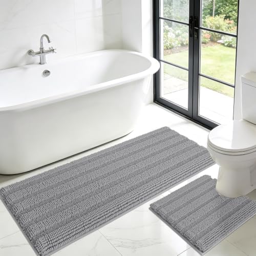 ACCUMTEK Striped Light Grey Toilet Bathroom Rug Mat Set 2 piece Rug Ultra Soft, Non Slip Chenille Bath Rugs, Absorbent Plush Shaggy Bath Mats for Bathroom, Bedroom, Kitchen, Shower, Tub