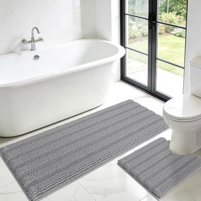 ACCUMTEK Striped Light Grey Toilet Bathroom Rug Mat Set 2 piece Rug Ultra Soft, Non Slip Chenille Bath Rugs, Absorbent Plush Shaggy Bath Mats for Bathroom, Bedroom, Kitchen, Shower, Tub
