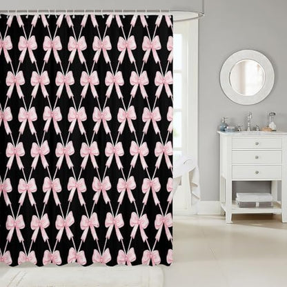 jejeloiu Cute Bow Bathroom Accessories 72"x72" Pink Black Bowknot Shower Curtain for Bathroom Decor Kawaii Girls Bath Curtain Waterproof Polyester Fabric with 12 Hooks for Stalls Bathtubs Princess