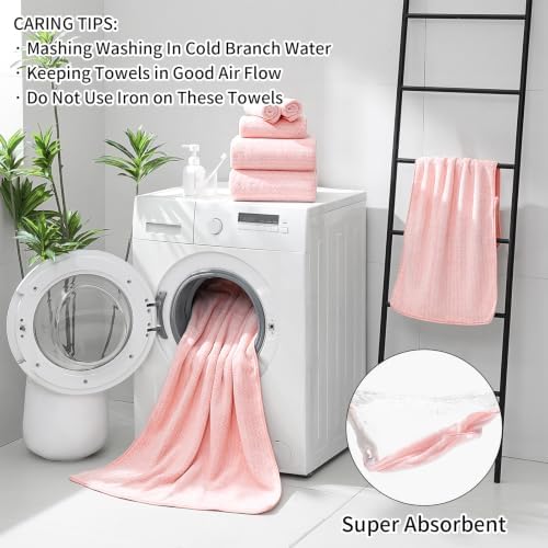 Ultra Soft Bath Towel Set,12 Piece (4 Bath Towels,4 Hand Towels,4 Washcloths) Family Bathroom Towel Set with Hanging Loops,Quick Dry Extra Absorbent Fluffy Shower Towel for Bathroom,Hotel,Spa-Pink