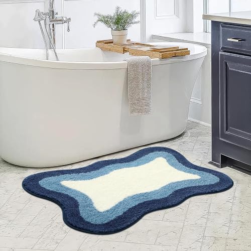 HAOCOO Blue Bathroom Rug, 20x31 inch, Extra Soft Non Slip Microfiber Absorbent Washable Shower Rug Doormat Carpet for Floor Tub Shower
