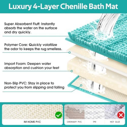 ACCUMTEK Striped Teal Green Bathroom Rug Set 3 Pieces Ultra Soft, Non Slip Chenille Toilet Mat, Absorbent Plush Shaggy Bath Mats for Bathroom, Bedroom, Kitchen, Turquoise