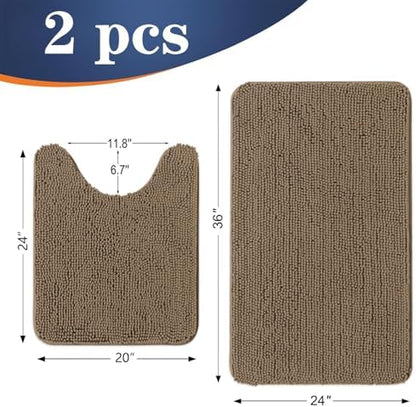 OLANLY Chenille Bathroom Rugs Mats Sets 2 Piece, 36"x24"+24"x20", Tan