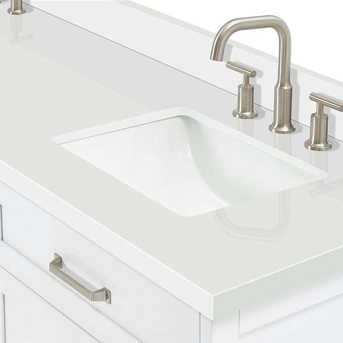 ARIEL Monroe 72-inch Bathroom Vanity with Sink,Solid Wood, 1.5-inch Pure White Quartz Countertop & Backsplash, Double Oval Porcelain Sink, 9 Dovetail Drawers, Brushed Nickel, White