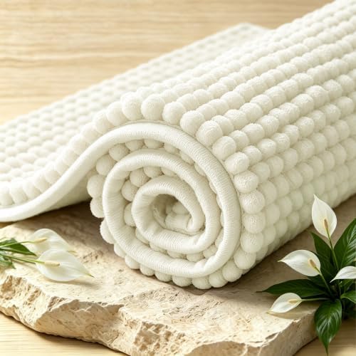 SUBRTEX Bathroom Rugs, 24" x 44" Chenille Bath Rug Soft Short Plush Bath Mat Soft Shower Mat Water Absorbent Shower Mat Quick Dry Machine Washable, Cream White