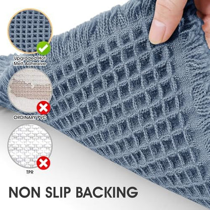 IM HOME Waffle Bath Mat Blue 36"x24", Boho Woven Modern Bath Mat Rugs, Absorbent Non Slip Bathroom Rugs, Soft Washable Bath Rugs with Tassels for Bedroom, Kitchen, Shower, Tub