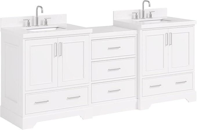 ARIEL Stafford 84-inch Bathroom Vanity with Sink,Solid Wood, 1.5in Carrara White Quartz Countertop & Backsplash, Double Rectangular Porcelain Sink, 4 Soft Closing Doors, 5 Dovetail Drawers, White