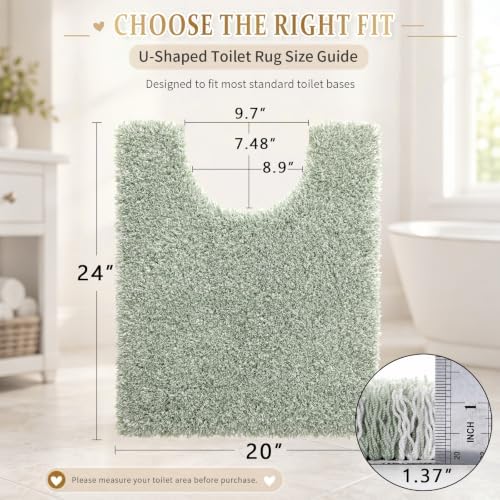 Yimobra Toilet Rugs U Shaped Washable 24X20, Ultra Soft and Water Absorbent Bath Mats, Non Slip Fluffy Shaggy Luxury Microfiber Contour Bath Rugs for Toilet, Dry Quick, Light Green and White
