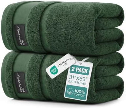 REDKISS Large Bath Towels Set 2 Piece, 100% Cotton, 32x63 in,Heavyweight 760GSM, Highly Absorbent & Quick Dry, Super Soft Luxury Towels for Bathroom,Hotel Collection - Green