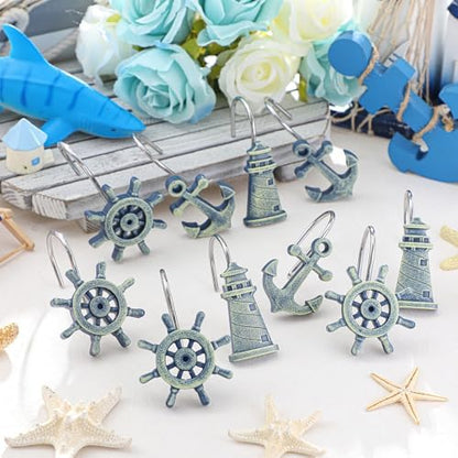 Amyhill 12 Pcs Nautical Shower Curtain Hooks Decorative Shower Curtain Rings Stainless Steel Resin Sea Theme Bathroom Decor Suitable for Home Bedroom