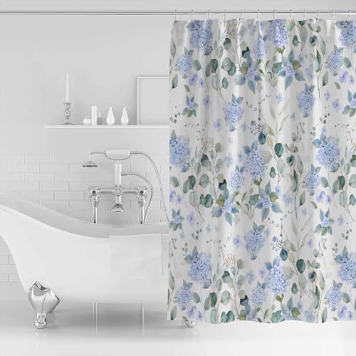 Shower Curtain Bathroom Set Summer Watercolor Blue Hydrangea Waterproof Fabric Shower Curtains with Grommets&Hooks Pastoral Eucalyptus Leaf Privacy Bath Curtain for Bathtub Decor 72x78IN