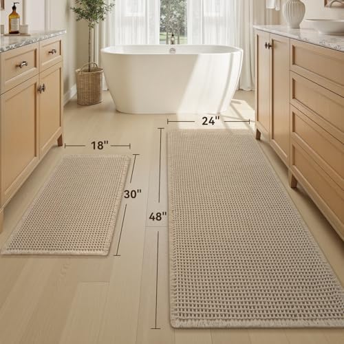 Upgraded Waffle Bath Mat Set of 2 Absorbent Bathroom Mat 18"x30" + 24"x48"