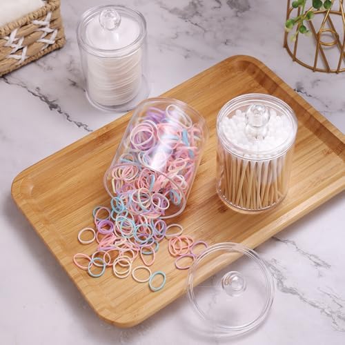 WEISHI 4 Pack Qtip Holder Dispenser - Cotton Ball, Swab, Round Pads, Floss , Small Clear Plastic Apothecary Jar Containers with Lids for Bathroom Storage and Organization, Vanity Organizer
