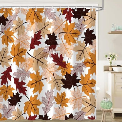 Fall Maple Leaf Shower Curtain, Autumn Thanksgiving Bathroom Decor, 72 x 72 Inch Polyester Fabric Waterproof Bathroom Curtain with 12 Hooks