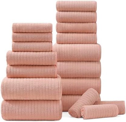 18 Piece Bath Towels Set,Super Soft Family Bathroom Towel Set with Hanging Loops-6 Bath Towels,6 Hand Towels,6 Washcloths,Highly Absorbent Quick Dry Shower Towel for Bathroom,Hotel,Spa-Blush Towel Set
