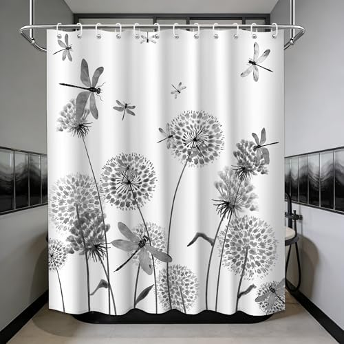 Light Grey Dandelion Shower Curtain Spring Dragonfly Charcoal Gray White Watercolor Shower Curtains for Bathroom Decor, Waterproof Cloth Fabric with Hooks 70" Wx72 L