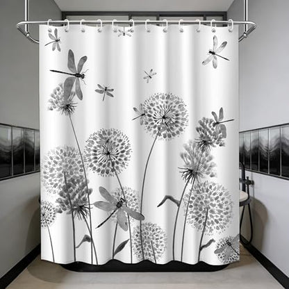 Light Grey Dandelion Shower Curtain Spring Dragonfly Charcoal Gray White Watercolor Shower Curtains for Bathroom Decor, Waterproof Cloth Fabric with Hooks 70" Wx72 L