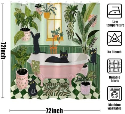 Funny Cat Shower Curtain for Bathroom Green 72x72 Inch