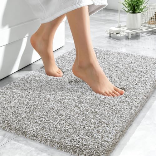 OLANLY Microfiber Bathroom Rugs 24x16, Quick Dry Bath Mat, Greige and White