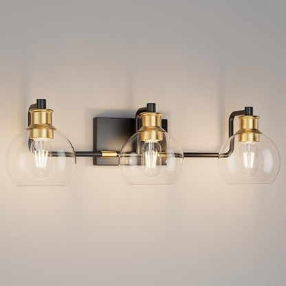 Tipace Black & Gold Vintage Bathroom Vanity Light Fixtures Over Mirror Glass Globe 3 Lights Industrial Vanity Lights Farmhouse Bath Lighting(Exclude Bulb)