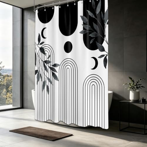 Mid Century Modern White and Black Shower Curtain Bohemian MCM Black and White Shower Curtains for Mens Bathroom Decor, Boho Minimalist Pattern, Waterproof Cloth Fabric with Hooks 60x72 in