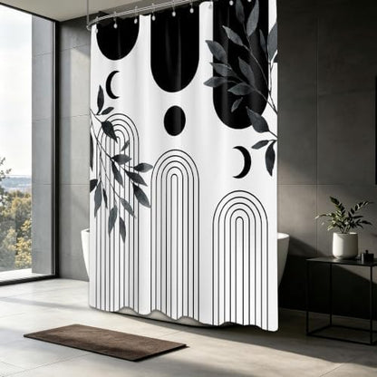 Mid Century Modern White and Black Shower Curtain Bohemian MCM Black and White Shower Curtains for Mens Bathroom Decor, Boho Minimalist Pattern, Waterproof Cloth Fabric with Hooks 60x72 in